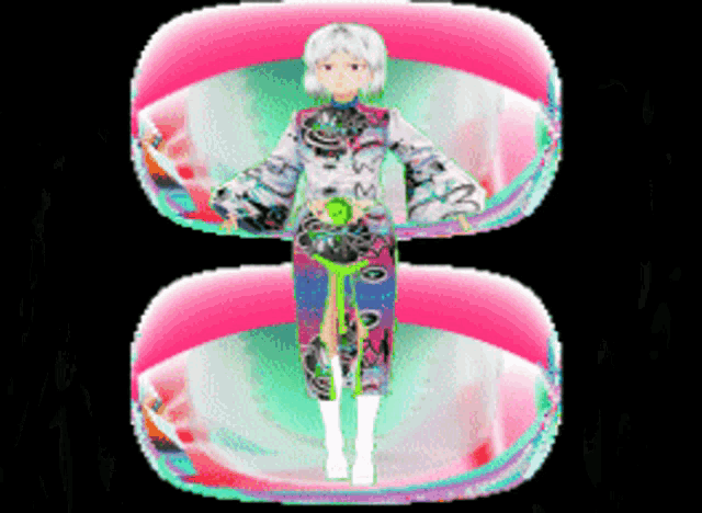 a girl with white hair is standing in a bubble with the number 8 on it