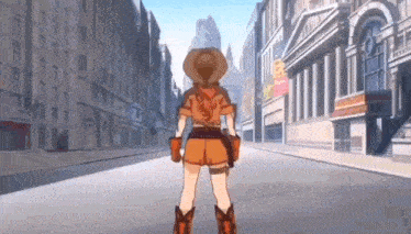 a woman in a cowboy hat and boots is standing in a city street .