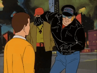 a cartoon of a man wearing sunglasses and a hat that says ' biker '