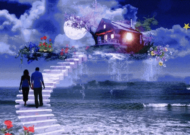 a man and woman walking up stairs to a house