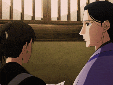 a woman in a purple robe talks to another woman in front of a window