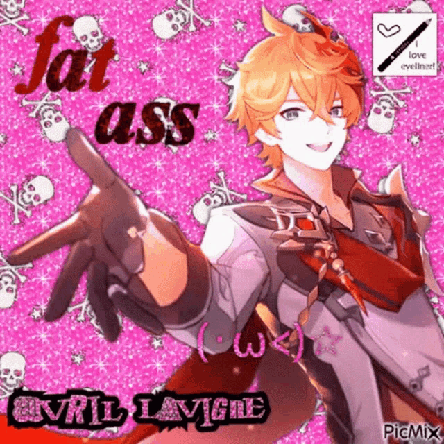 a picture of a man with a gun on a pink background with skulls and crossbones .
