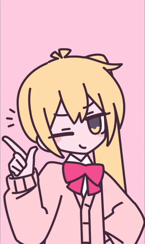 a drawing of a girl with a pink bow tie pointing up