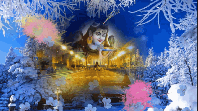a painting of a city with a statue of shiva in the background