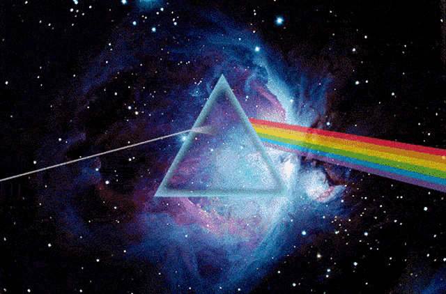 a rainbow is coming out of a triangle in the middle of a galaxy
