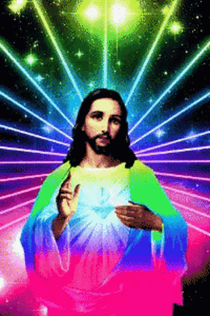a painting of jesus with a rainbow colored background