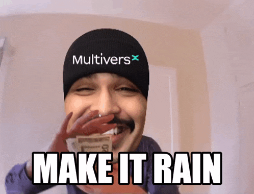 a man wearing a hat that says multivers is holding money in his hand