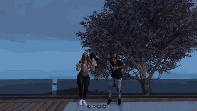 a screenshot of a video game shows a man and a woman standing in front of a tree