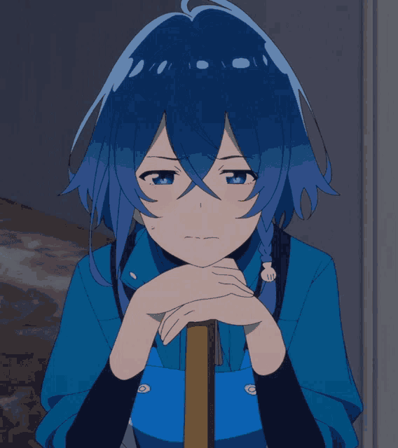 a girl with blue hair is leaning on a wooden pole