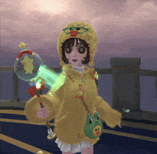 a girl wearing a yellow sweater and a duck hat is holding a frog bag