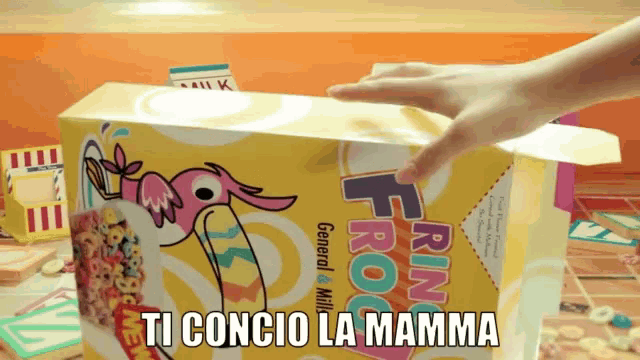 a box of general mills fruit loops cereal with a flamingo on the front