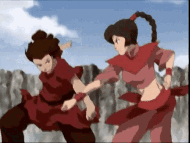 a couple of cartoon characters standing next to each other in red clothes