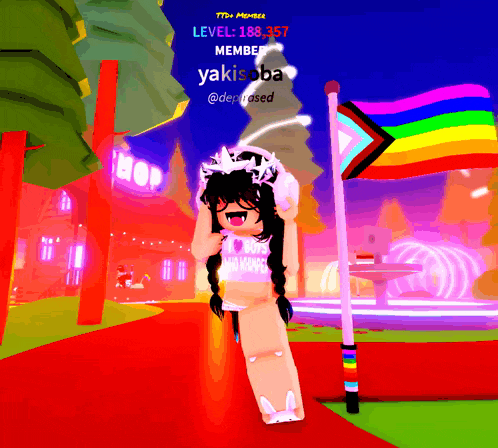 a cartoon character with a rainbow flag in the background