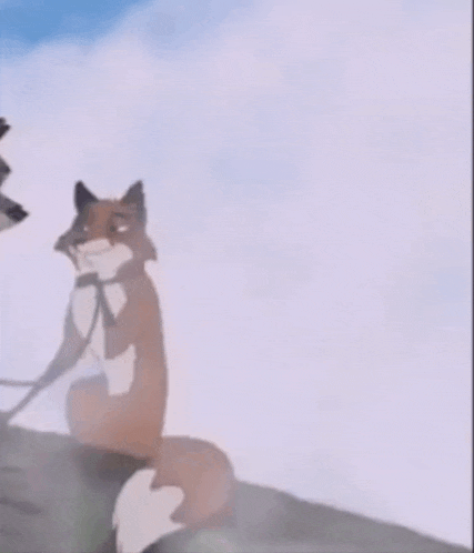 a cartoon fox is sitting on a hill with a bird on its leash .