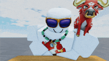 a statue of a person wearing sunglasses and a necklace sitting next to a red bull with horns
