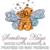 a couple of teddy bears with wings hugging each other .