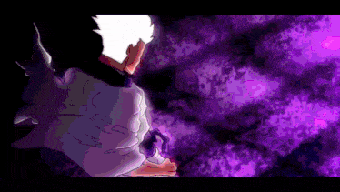 a cartoon of a man with white hair and a purple background