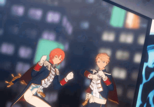 a couple of anime characters standing next to each other in a dark room