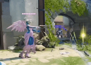 a video game character with wings is holding a gun in a video game .