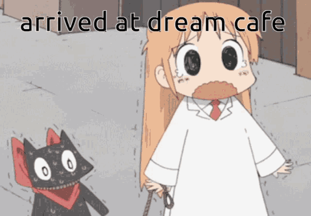 a cartoon of a girl and a black cat with the words arrived at dream cafe