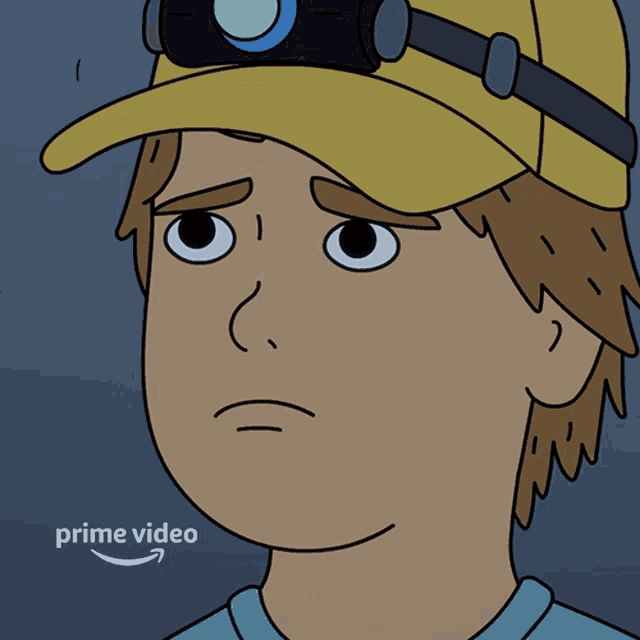 a cartoon of a man wearing a yellow hat with the words huh on the bottom right