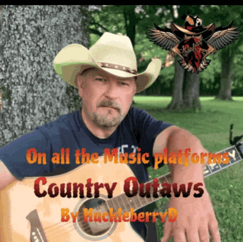 a man in a cowboy hat is holding a guitar with the words " on all the music platforms country outlaws " on the bottom