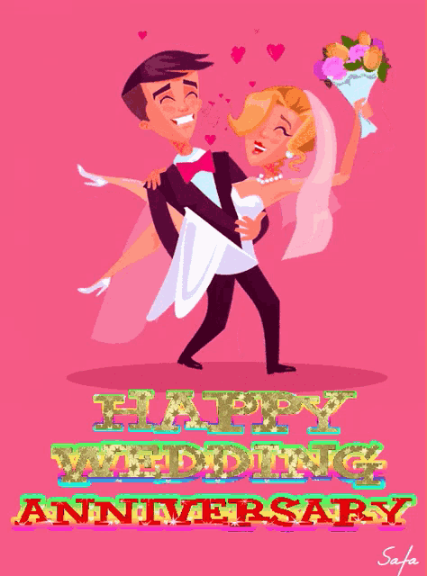 a happy wedding anniversary card with a bride and groom on a pink background
