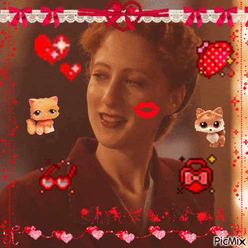 a picture of a woman surrounded by hearts and a picmix sticker