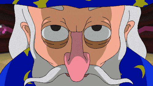 a cartoon of a wizard with a pink nose