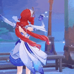 a girl with red hair is dancing in a video game .