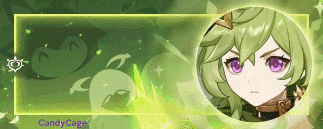 a picture of a girl with green hair and purple eyes is surrounded by a green frame that says candycage