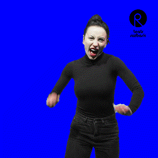 a woman in a black turtleneck is dancing in front of a blue background with the word rozbark on it