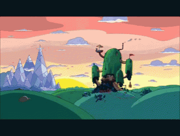 a pixel art of a cartoon scene with mountains in the background and a tree in the foreground