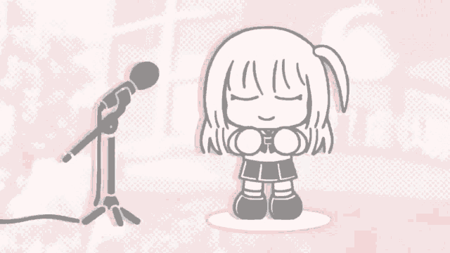 a drawing of a girl singing into a microphone on a pink background
