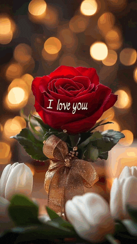 a red rose with the words " i love you " on it