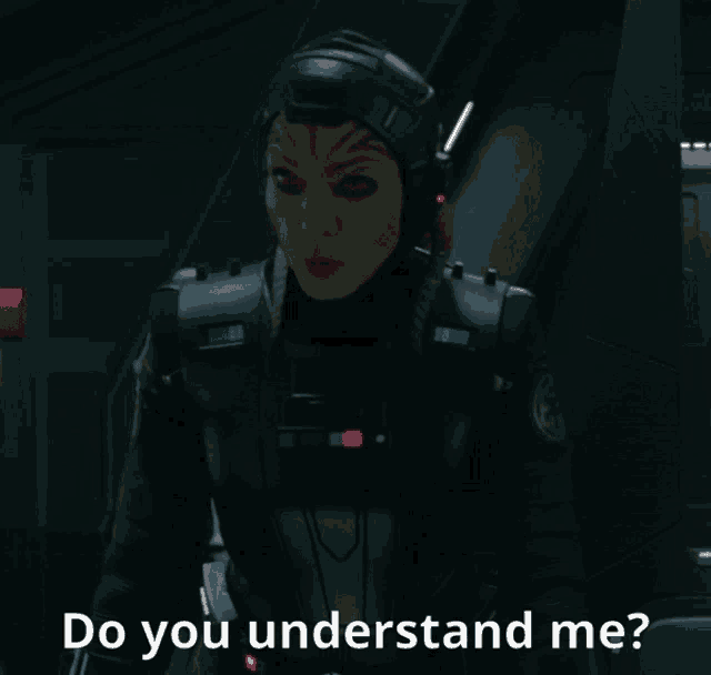 a woman in a futuristic outfit is asking do you understand me