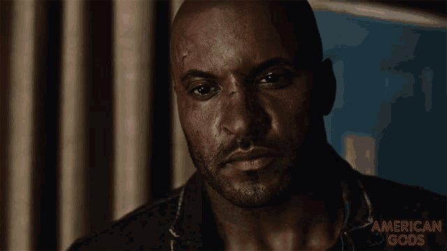 a close up of a man 's face with the words american gods below him