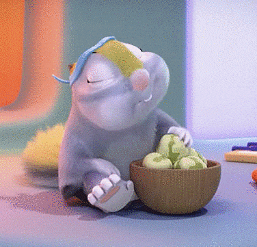 a cartoon rabbit is sitting next to a bowl of cucumbers