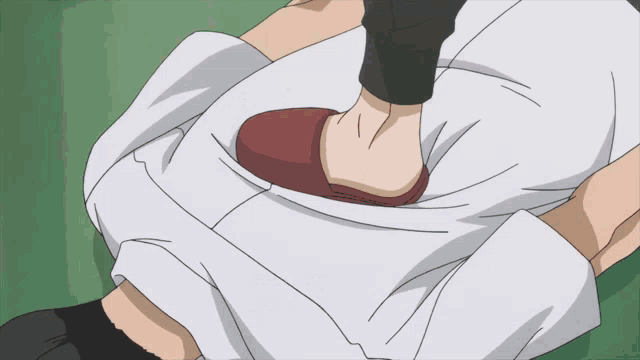 a cartoon of a man laying on his back with a foot on his chest