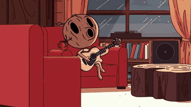 a cartoon character is sitting in a chair playing a guitar