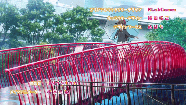 a girl holding an umbrella stands on a red bridge with the words klabgames written on the bottom