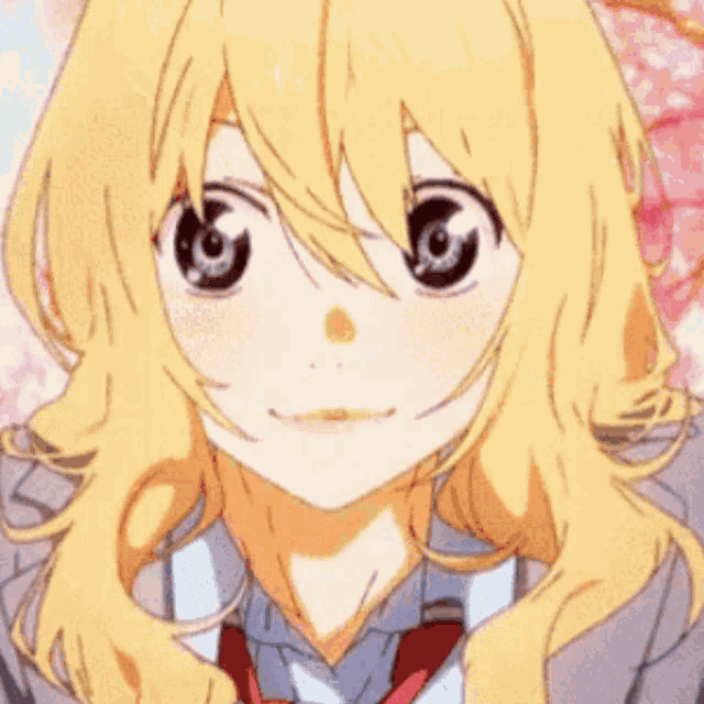 a close up of a blonde anime girl covering her mouth with her hand