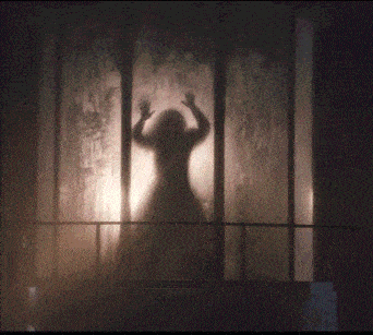 a silhouette of a person is behind a glass door