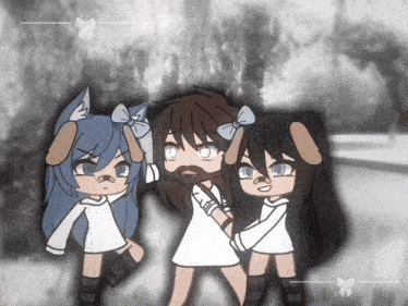 a drawing of two girls and a boy with a beard and bows on their heads