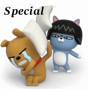 a cartoon bear is crying while a cat holds a white pillow