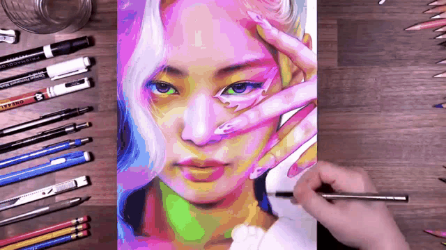 a person is drawing a woman 's face with colored pencils and markers