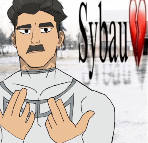 a cartoon drawing of a man with a mustache in front of a sybeau logo