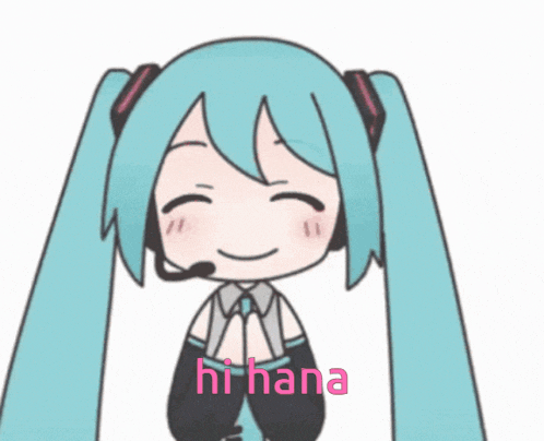 a cartoon of hatsune miku with the words hi hana written in pink