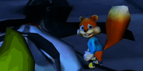a cartoon squirrel in a blue shirt is standing next to a person in a dark room .