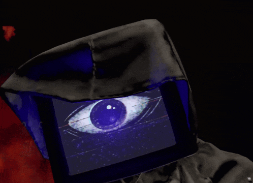 a metallica poster with a hooded figure with a monitor on his head